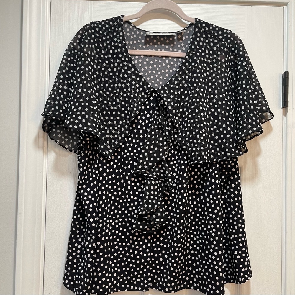 George Simonton Black and White Ruffled Wrap Blouse